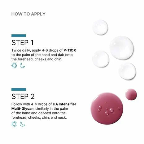 SkinCeuticals P-TIOX and HA Intensifier Multi-Glycan how-to-apply graphic with serum drops