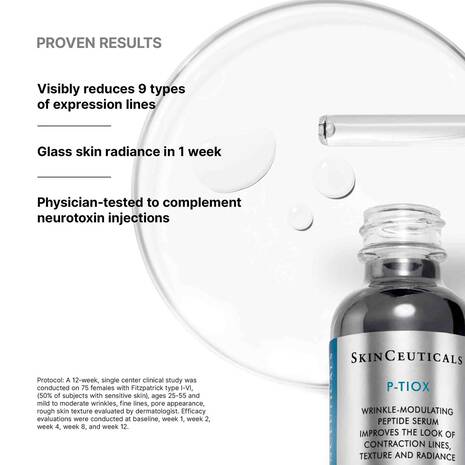 SkinCeuticals P-TIOX serum bottle with glass dropper and claims on expression lines, radiance, and neurotoxin support