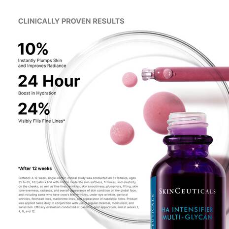 SkinCeuticals HA Intensifier Multi-Glycan serum bottle with clinically proven results text