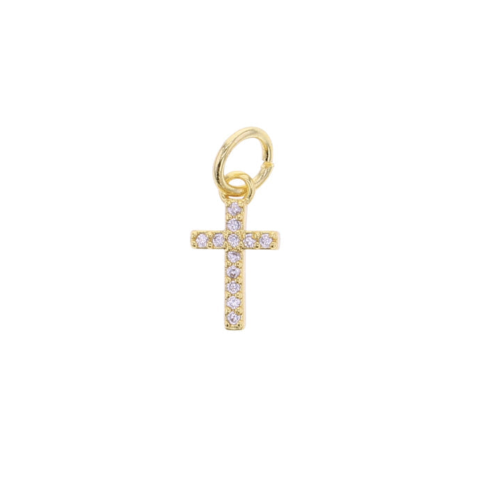 Gold cross charm with light CZ stones and loop for attaching to jewelry