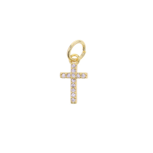 Gold cross charm with light CZ stones and loop for attaching to jewelry
