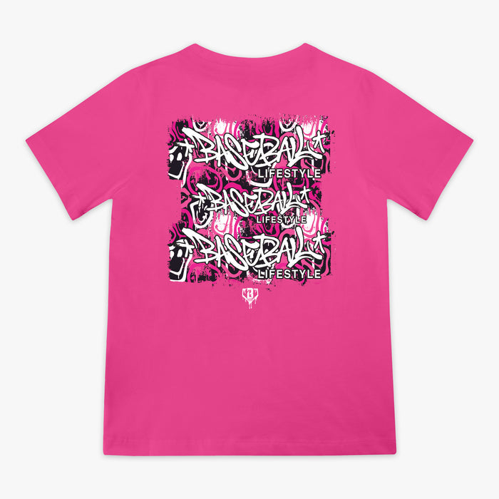 Pink t-shirt with black and white graffiti graphic design with 'Filthy Baseball Lifestyle Grippin Seams and Chasin Dreams' text