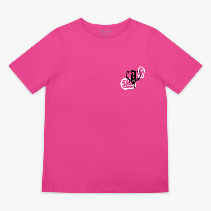 Pink t-shirt with a black BL101 logo and white smiley face graphics on a white background