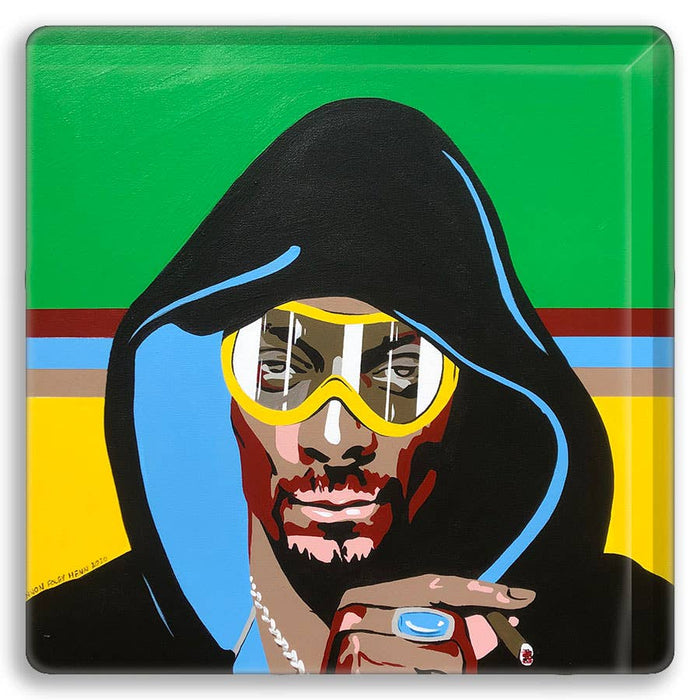 Snoop Après Ski coaster by Uptripping featuring a playful ski-themed design on a round cork coaster.