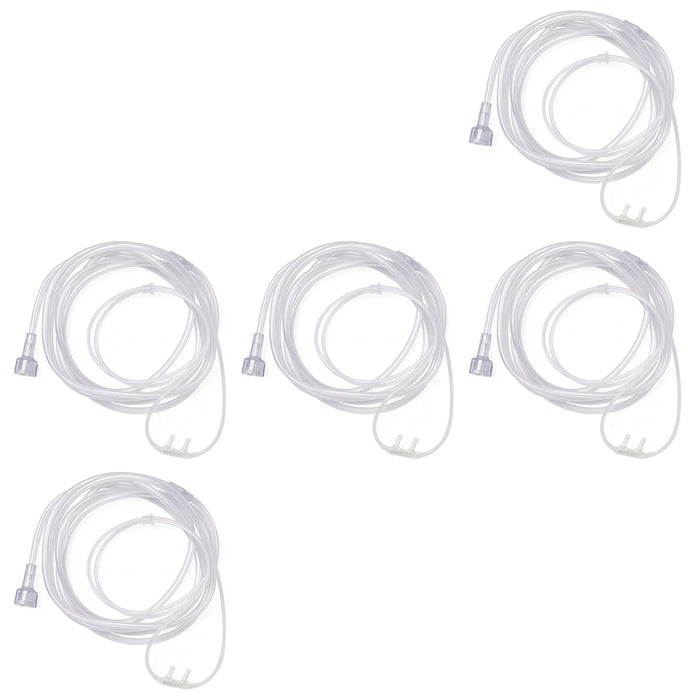 Five clear silicone oxygen nasal cannulas arranged in a grid pattern on a white background