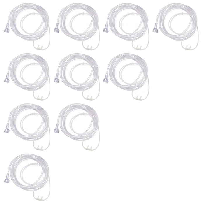 Ten clear silicone oxygen nasal cannulas arranged in a grid pattern on a white background