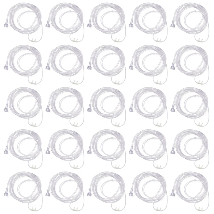 Twenty Five clear silicone oxygen nasal cannulas arranged in a grid pattern on a white background