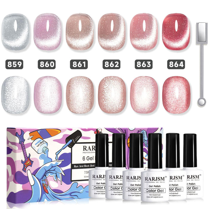 Complete 6-color sparkle diamond cat eye gel polish set 859-864 with magnetic stick showing silver pink nude rose gold gradient shades