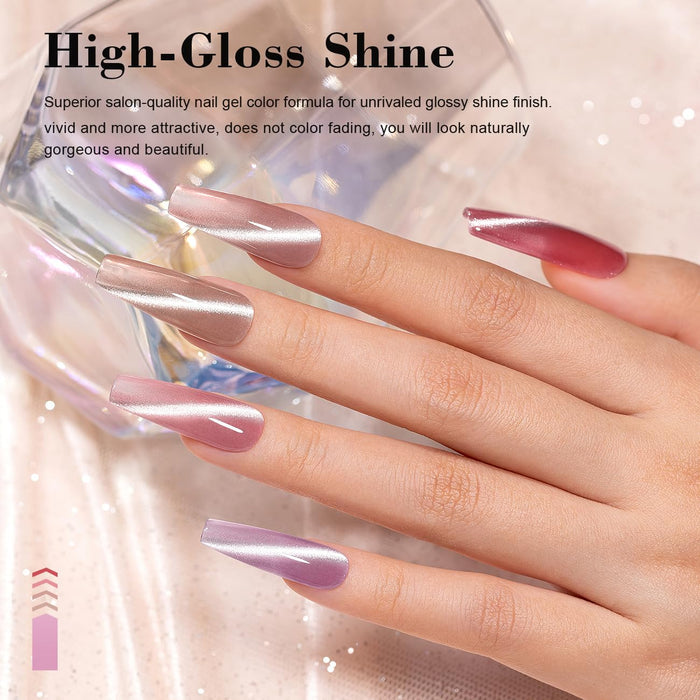 High-gloss shine sparkle diamond cat eye gel polish on long coffin nails showing mirror-like glossy finish, TPO HEMA free