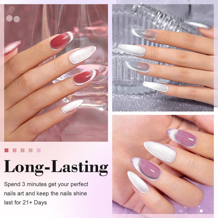 Long-lasting cat eye gel polish showing 21+ days wear with perfect shine on almond nails in red white purple colors