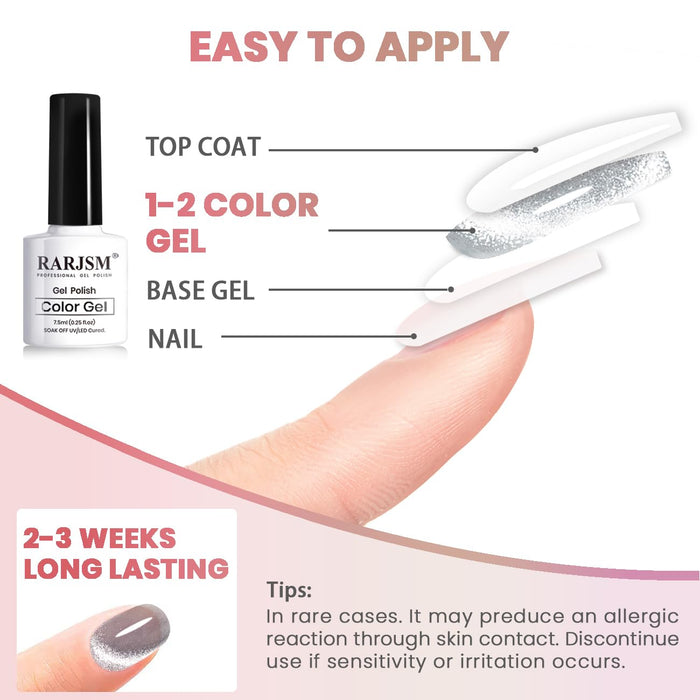 Easy application guide for cat eye gel polish showing 4-step process: base gel, color gel, top coat, 2-3 weeks lasting