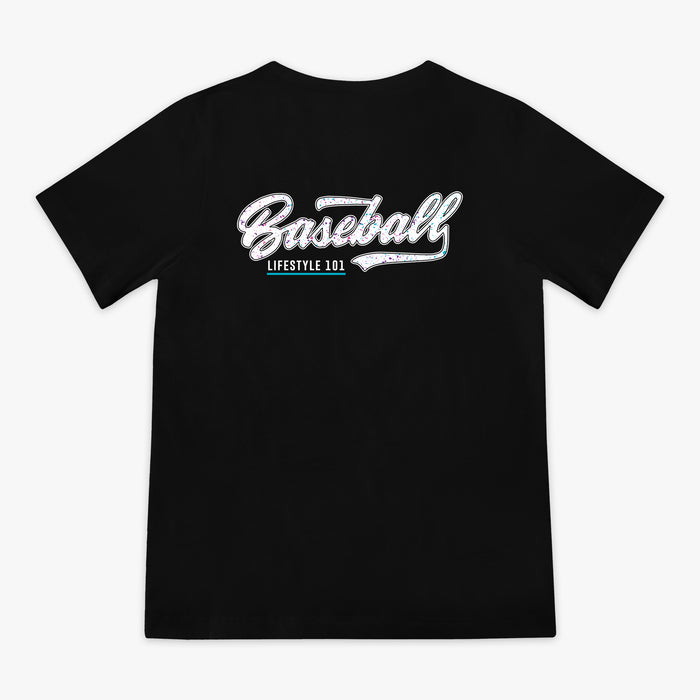 Black and white Splatter Established youth graphic tee — back view
