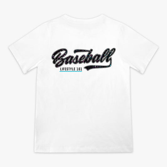 White and galaxy Splatter Established youth graphic tee — back view