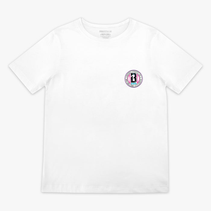 White and galaxy Splatter Established youth graphic tee — front view