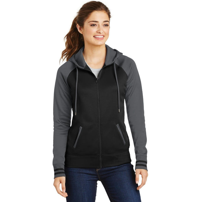 Sport-Tek Ladies Sport-Wick Varsity Fleece Full-Zip Hooded Jacket-Regular-Sport-Tek-Black/Dark Smoke Grey-S-Thread Logic