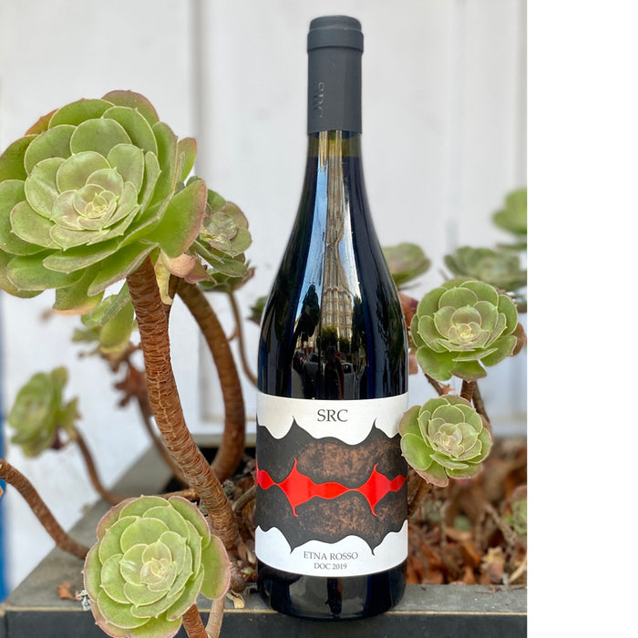 Upright red wine bottle with SRC label and Etna Rosso DOC 2019, dark glass