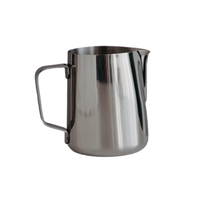 Stainless steel milk jug on a white background