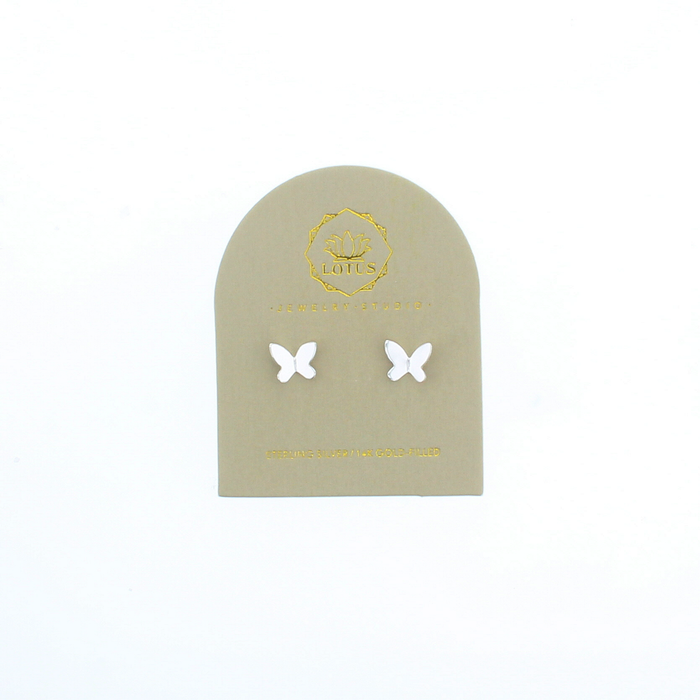 Sterling butterfly stud earrings on card, small white butterfly pairs