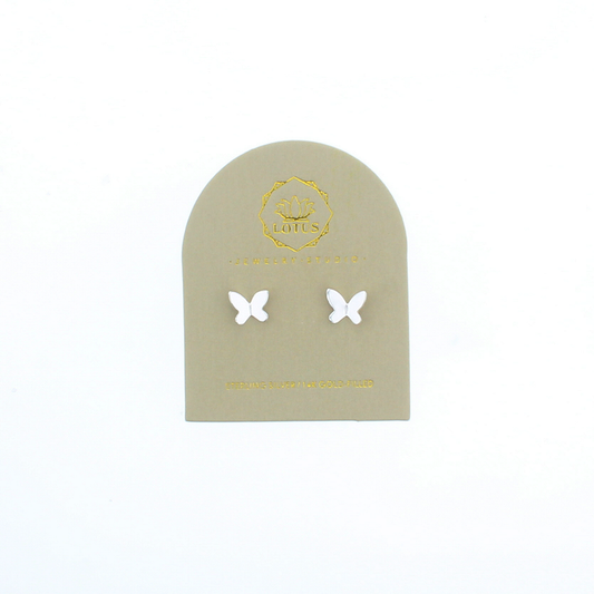 Sterling butterfly stud earrings on card, small white butterfly pairs