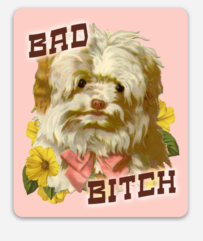 Pink puppy dog sticker with flowers, featuring the humorous "Bad Bitch" phrase, by The Coin Laundry, for decorating laptops or notebooks.