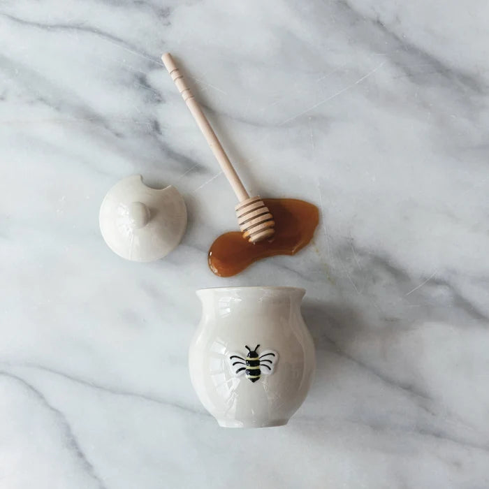 Stoneware Honey Jar With Embossed Bee & Wood Dipper