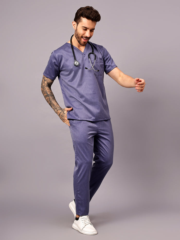 Stretchable (2Way) Men Denim Blue Texture V-Neck With Straight Pant Scrub Set
