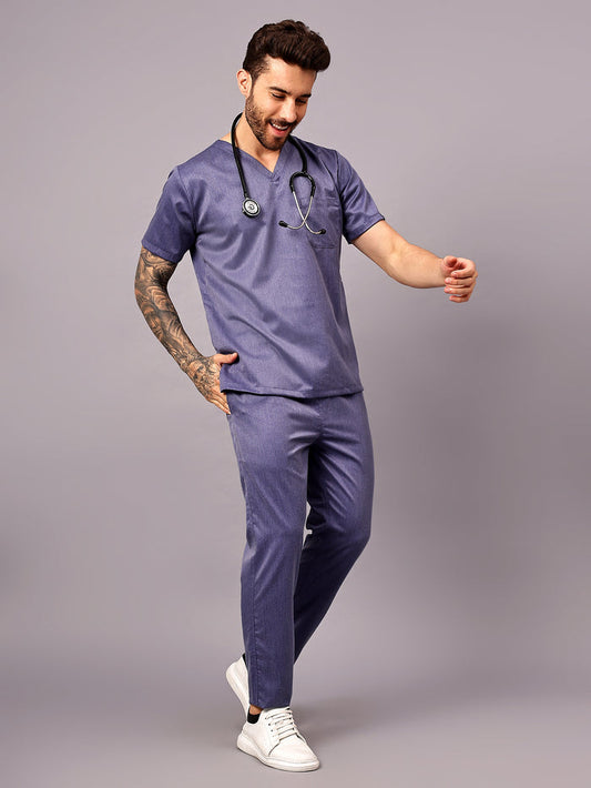 Stretchable (2Way) Men Denim Blue Texture V-Neck With Straight Pant Scrub Set