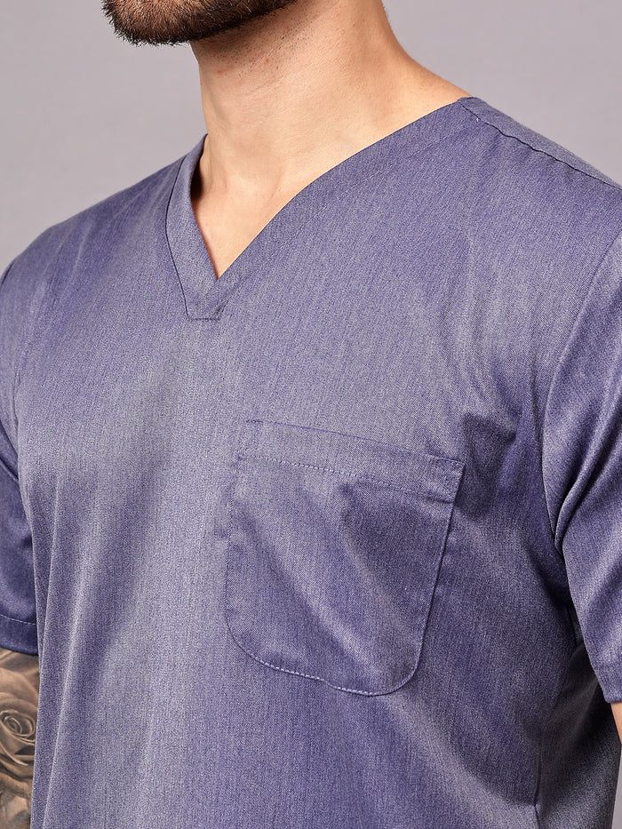 Stretchable (2Way) Men Denim Blue Texture V-Neck With Straight Pant Scrub Set