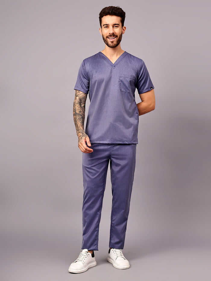 Stretchable (2Way) Men Denim Blue Texture V-Neck With Straight Pant Scrub Set