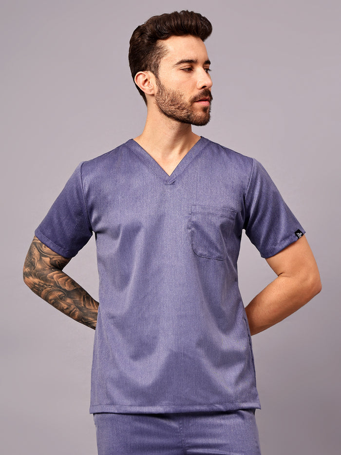 Stretchable (2Way) Men Denim Blue Texture V-Neck With Straight Pant Scrub Set