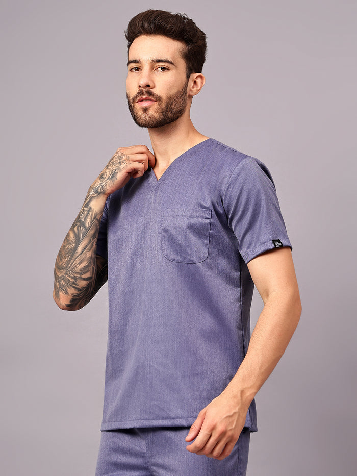 Stretchable (2Way) Men Denim Blue Texture V-Neck With Straight Pant Scrub Set