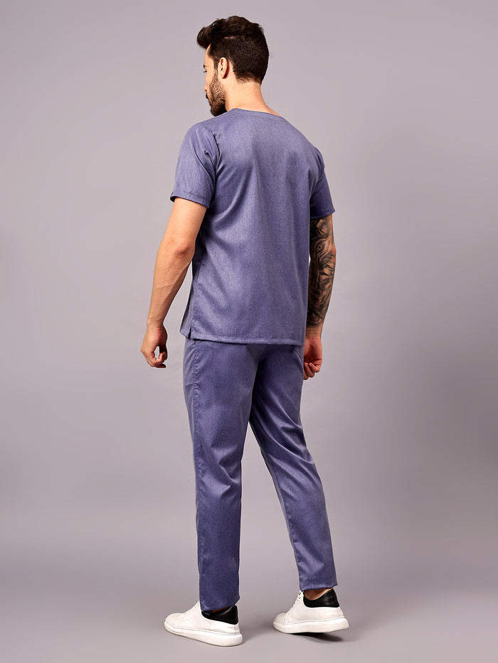 Stretchable (2Way) Men Denim Blue Texture V-Neck With Straight Pant Scrub Set