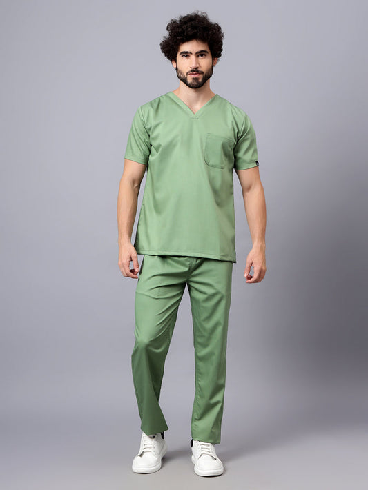 Stretchable (2Way) Men Pista Green V-Neck With Straight Pant Scrub Set