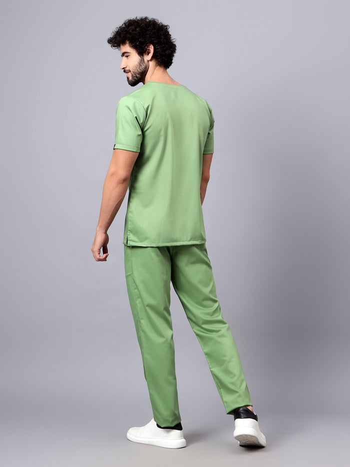 Stretchable (2Way) Men Pista Green V-Neck With Straight Pant Scrub Set