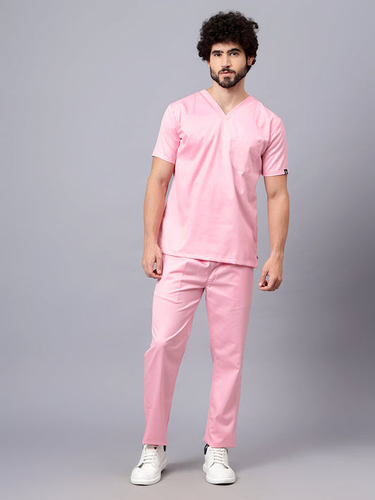 Stretchable (2Way) Men Powder Pink V-Neck With Straight Pant Scrub Set
