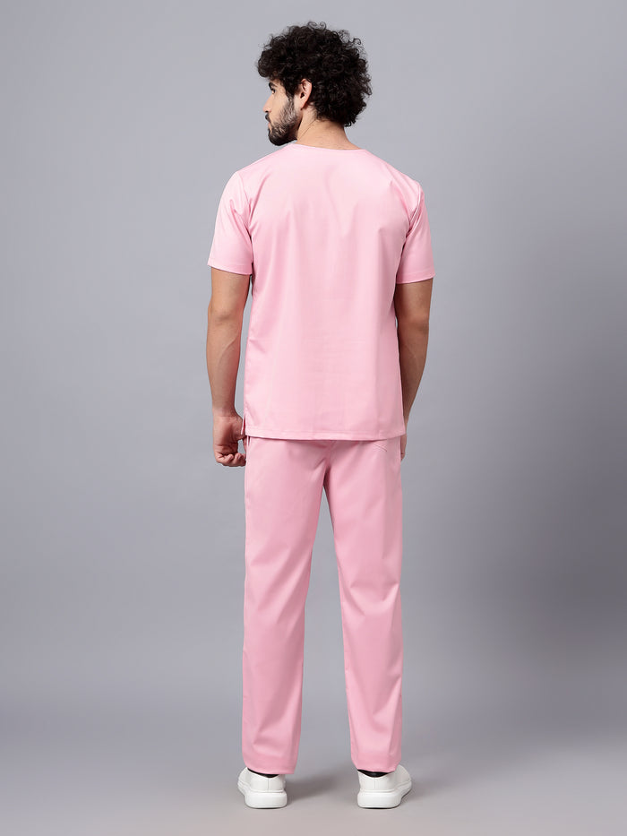 Stretchable (2Way) Men Powder Pink V-Neck With Straight Pant Scrub Set