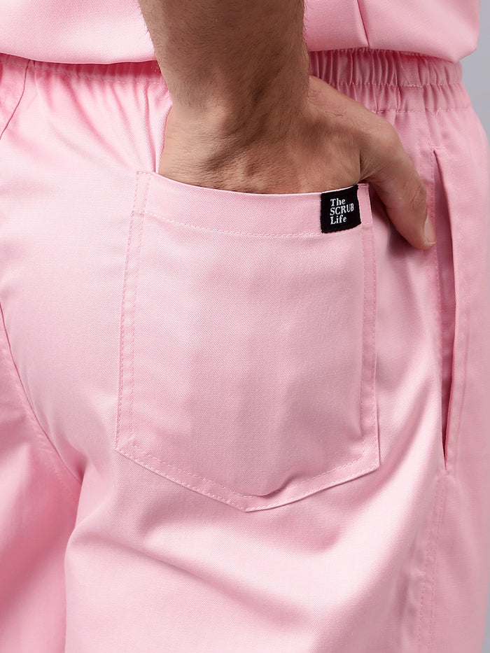 Stretchable (2Way) Men Powder Pink V-Neck With Straight Pant Scrub Set