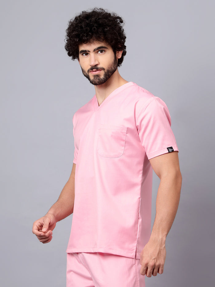 Stretchable (2Way) Men Powder Pink V-Neck With Straight Pant Scrub Set