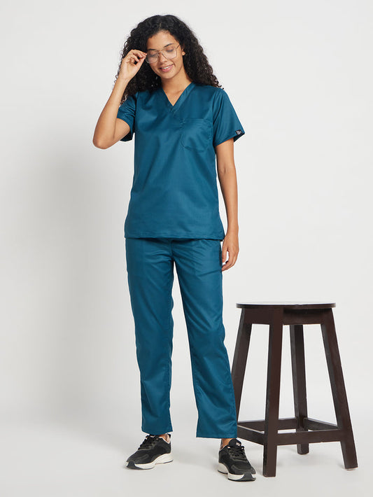 Stretchable (2Way) Women Forest Green V-Neck With Straight Pant Scrub Set