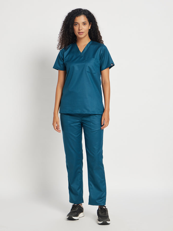 Stretchable (2Way) Women Forest Green V-Neck With Straight Pant Scrub Set