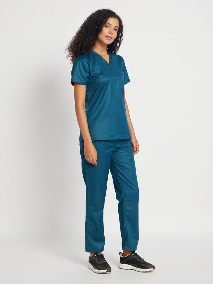 Stretchable (2Way) Women Forest Green V-Neck With Straight Pant Scrub Set