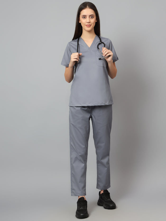 Stretchable (2Way) Women Graphite V-Neck With Straight Pant Scrub Set