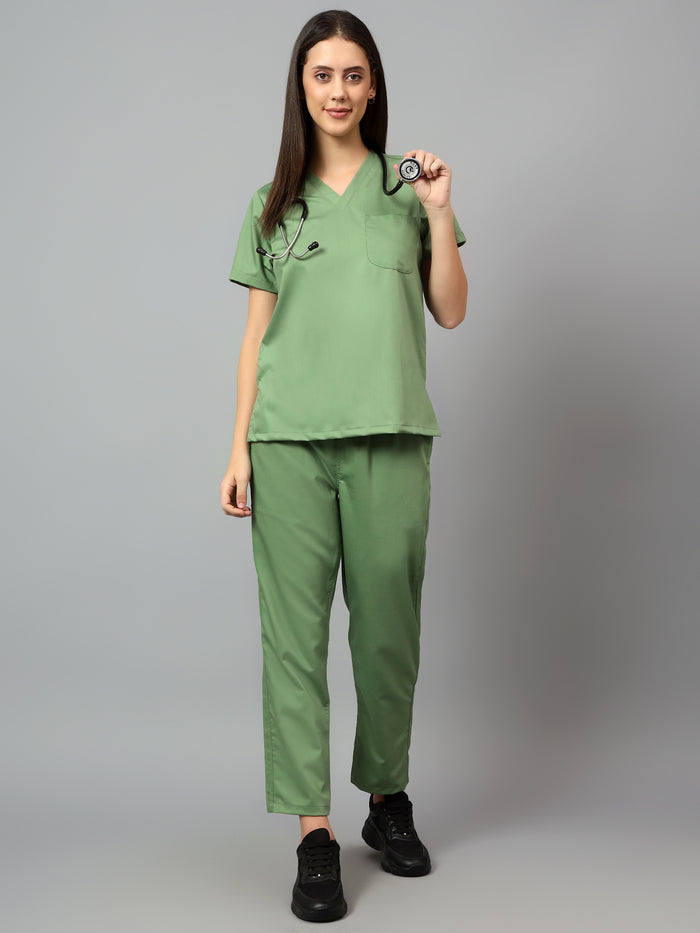 Stretchable (2Way) Women Pista Green V-Neck With Straight Pant Scrub Set