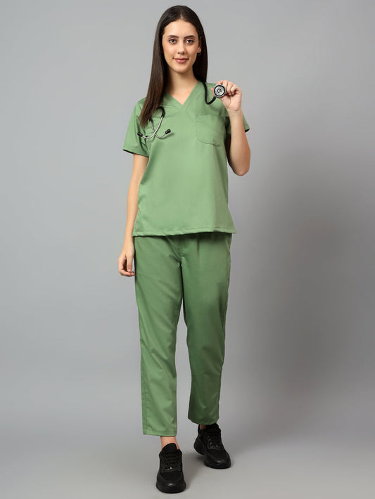 Stretchable (2Way) Women Pista Green V-Neck With Straight Pant Scrub Set