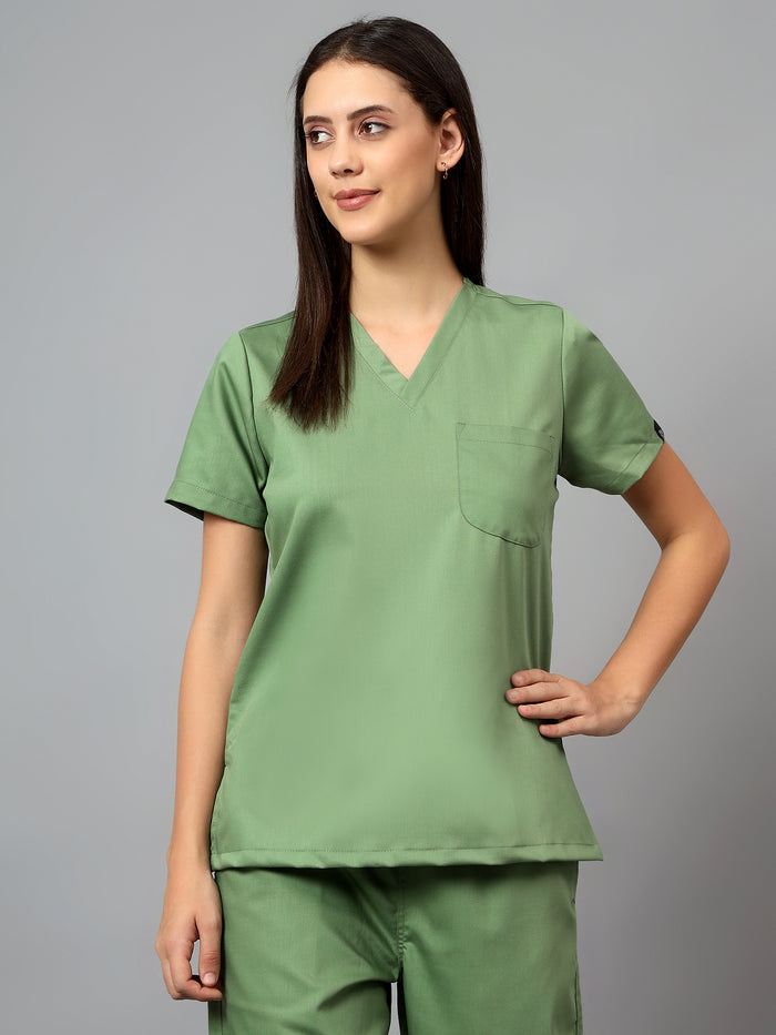 Stretchable (2Way) Women Pista Green V-Neck With Straight Pant Scrub Set