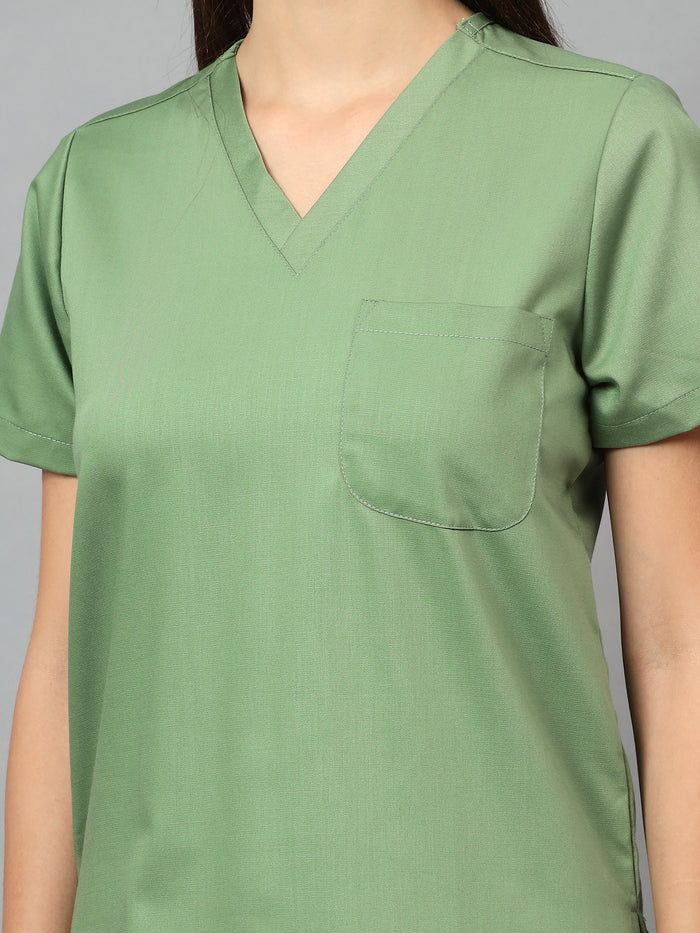 Stretchable (2Way) Women Pista Green V-Neck With Straight Pant Scrub Set