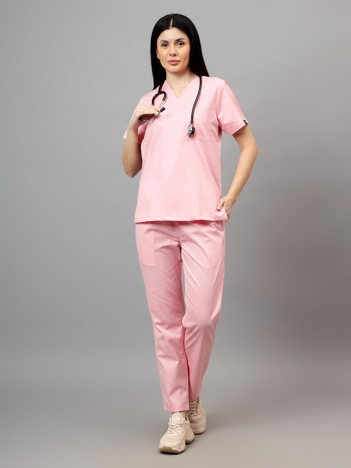 Stretchable (2Way) Women Powder Pink V-Neck With Straight Pant Scrub Set