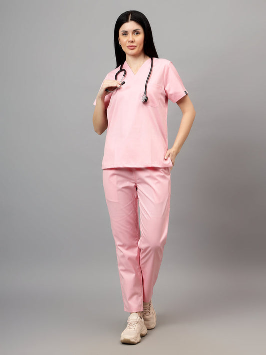 Stretchable (2Way) Women Powder Pink V-Neck With Straight Pant Scrub Set