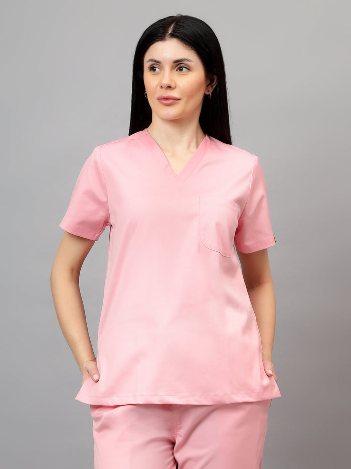 Stretchable (2Way) Women Powder Pink V-Neck With Straight Pant Scrub Set