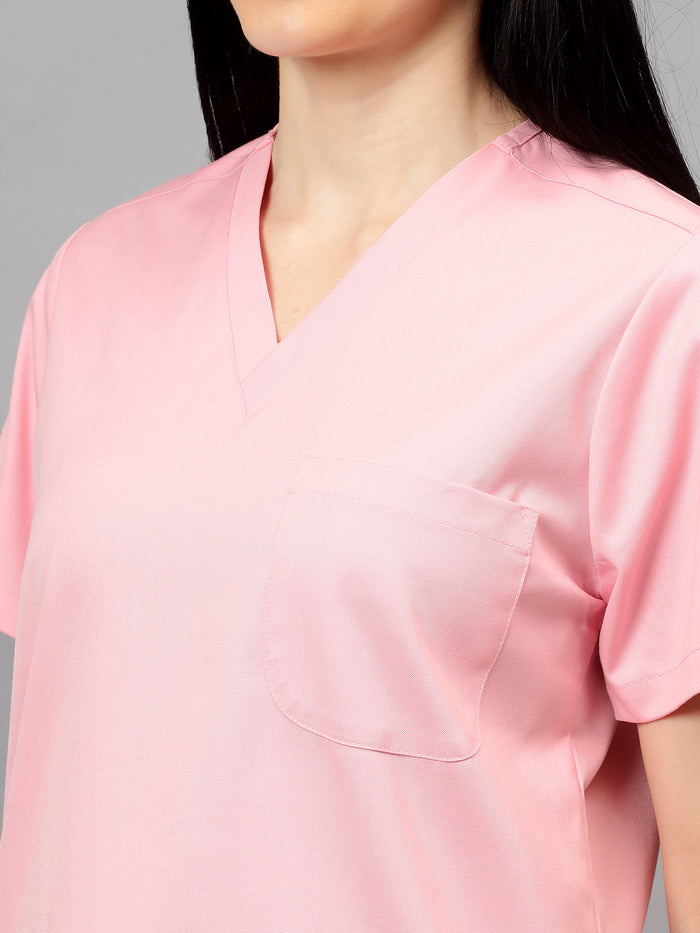 Stretchable (2Way) Women Powder Pink V-Neck With Straight Pant Scrub Set